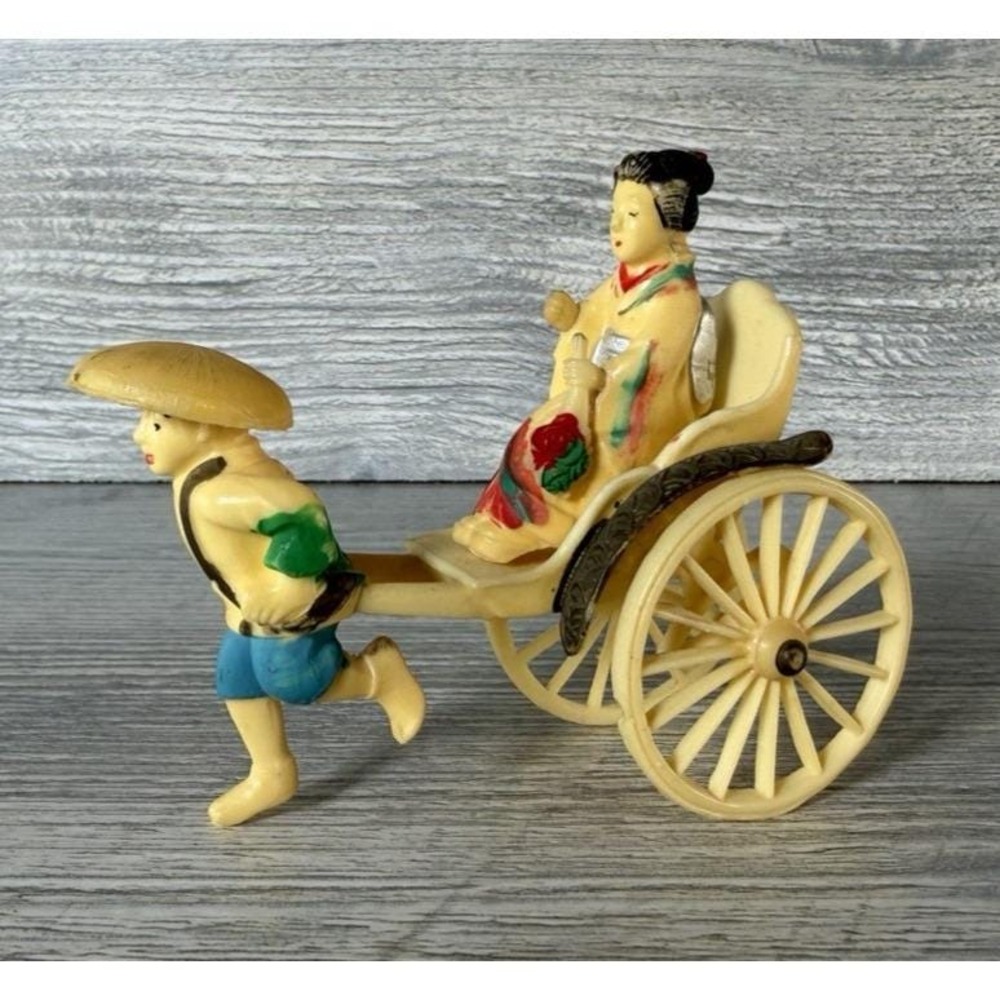 Vtg Asian Man Pulling Rickshaw Cart Geisha Kimono Celluloid Plastic Figurine